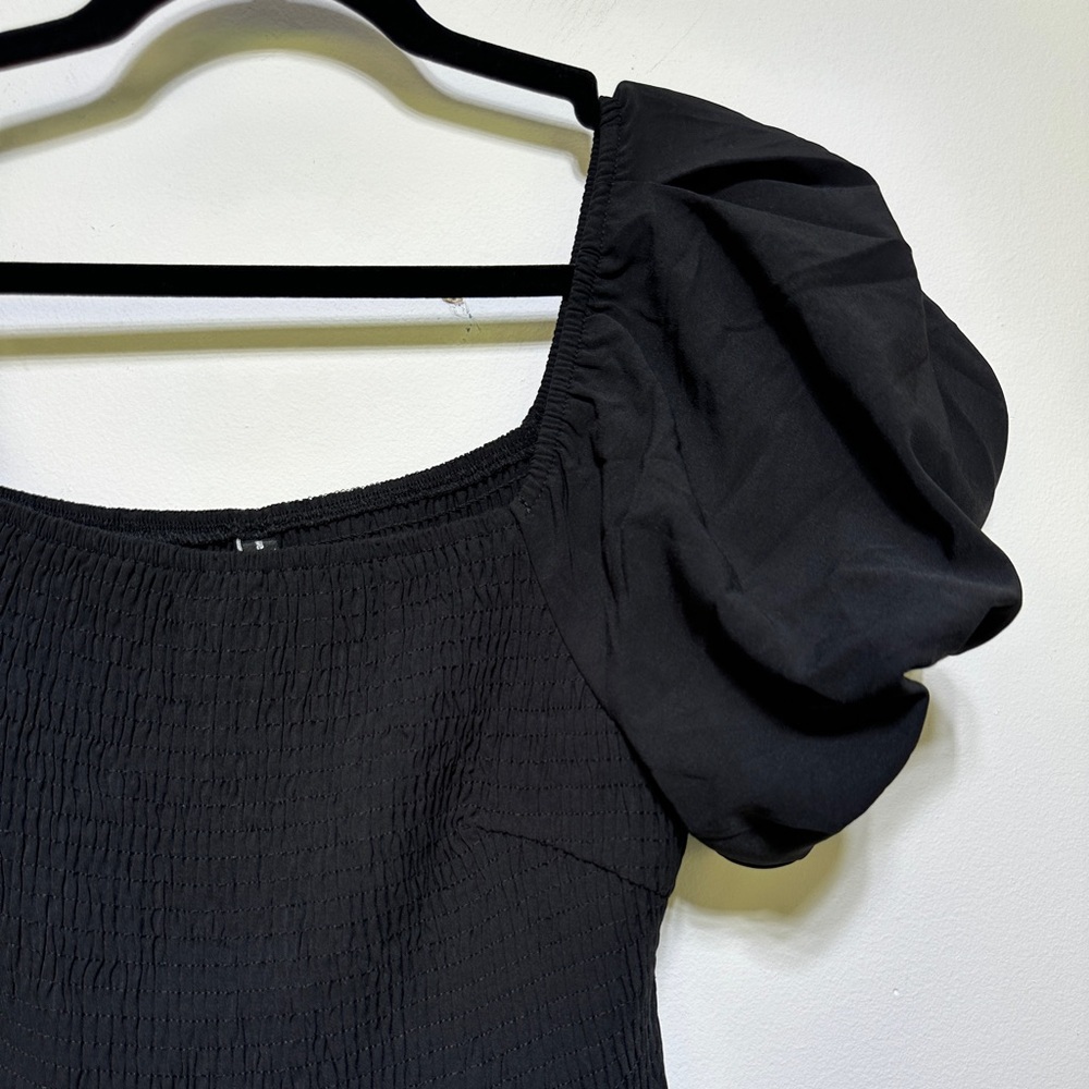 Black Puff Sleeve Tiered Midi Dress Square Neck Flowy Romantic Size L - Picture 3 of 5